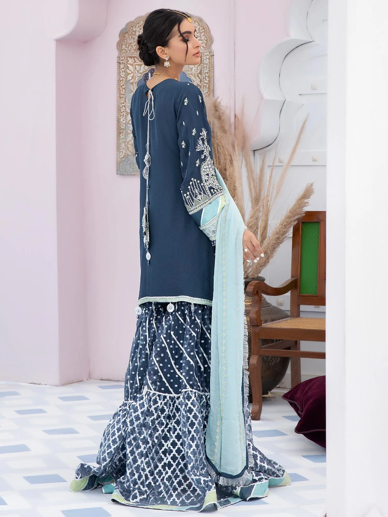 Ally's "Mehbooba" Teal Luxury Chiffon Gharara Suit (AL-3509)