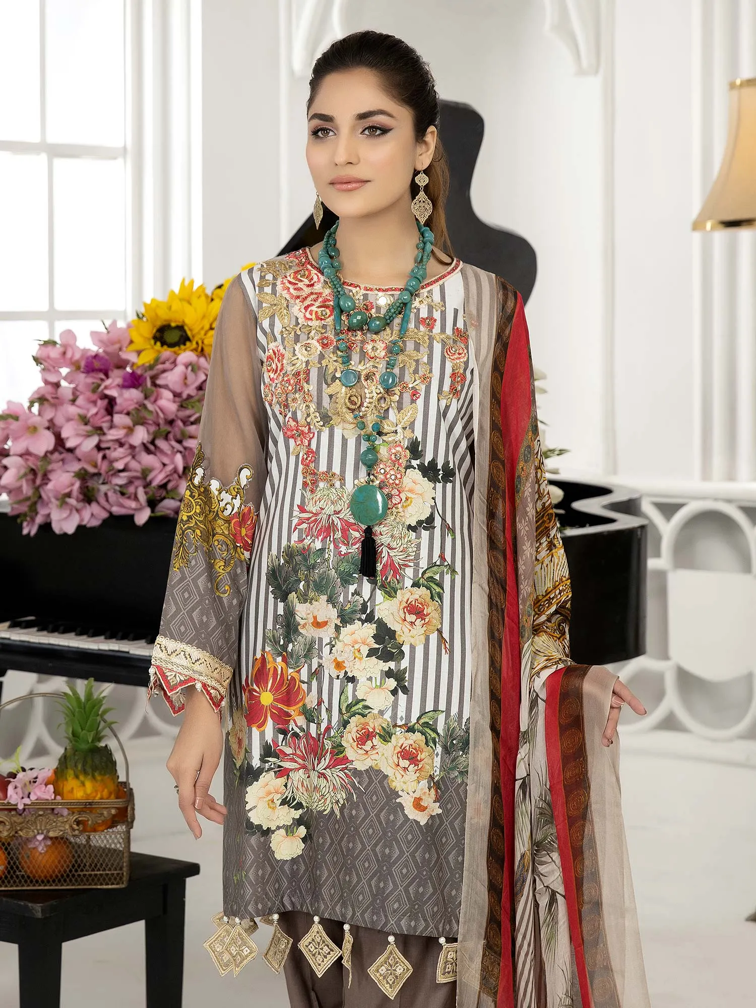 Ally's "Sohaye" Mother-Daughter Grey Luxury Lawn Suit (AL-383M)