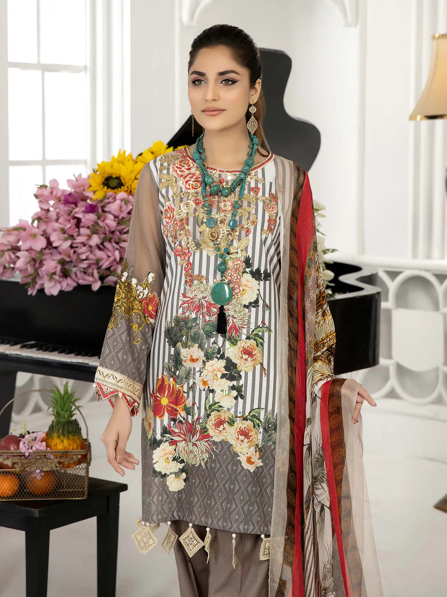 Ally's "Sohaye" Mother-Daughter Grey Luxury Lawn Suit (AL-383M)