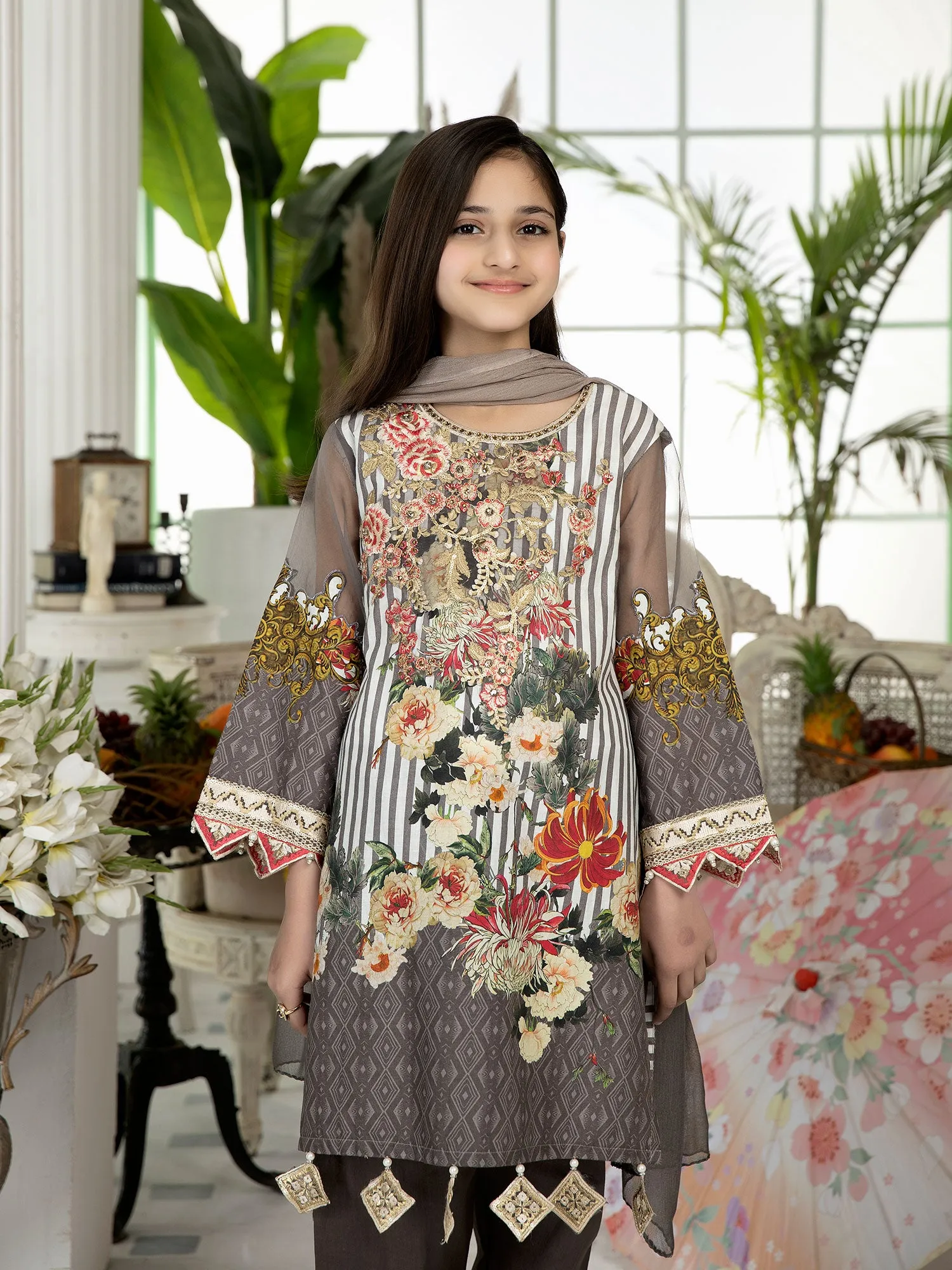 Ally's "Sohaye" Mother-Daughter Grey Luxury Lawn Suit (AL-383M)