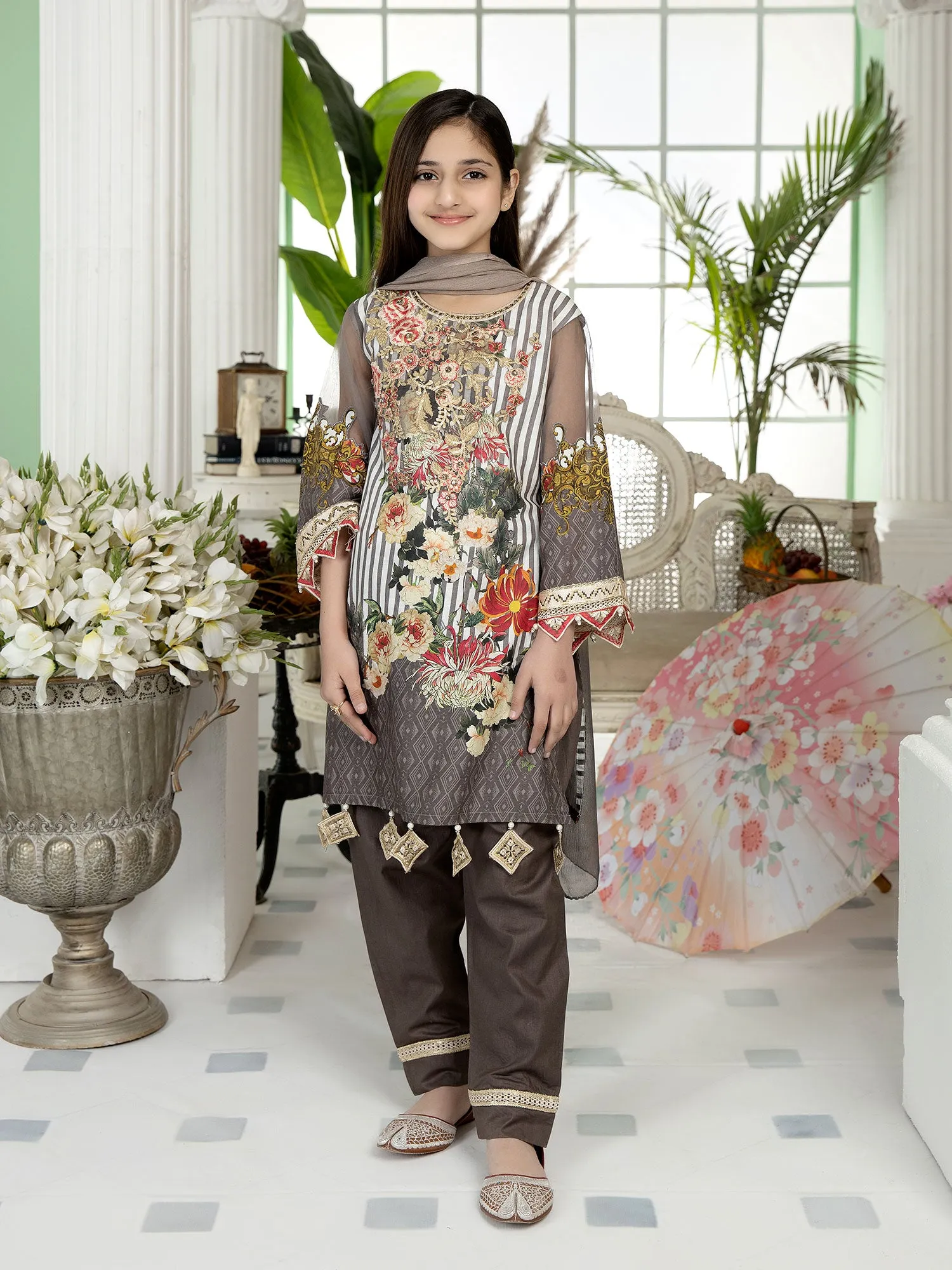 Ally's "Sohaye" Mother-Daughter Grey Luxury Lawn Suit (AL-383M)