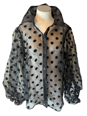 Boston Proper Size L Black Sheer Polka Dot Blouse