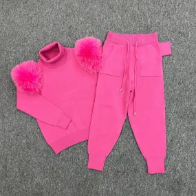 Childrens Hot Pink Luxury Fur Roll Neck Jogger Tracksuit