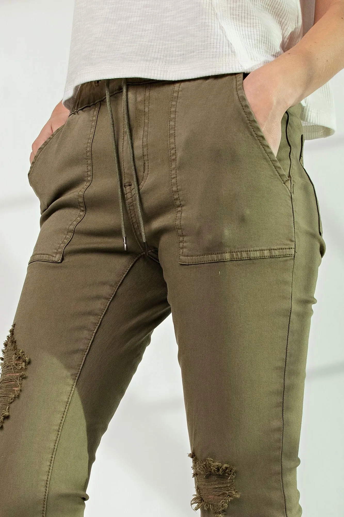 Distressed Cargo Pants- Olive Green