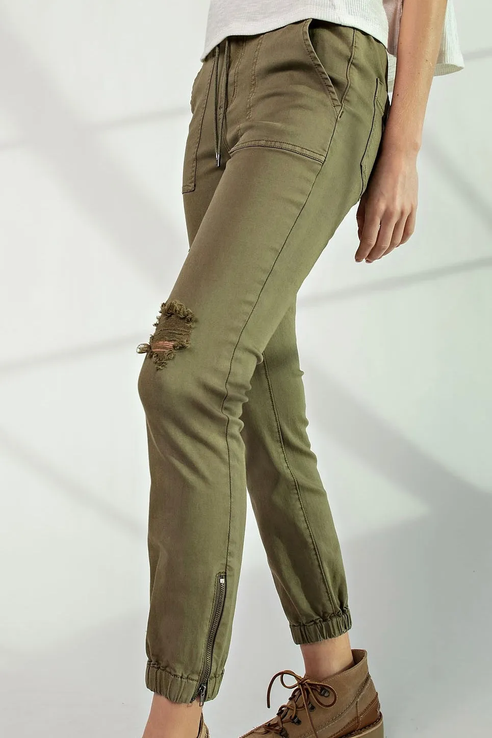 Distressed Cargo Pants- Olive Green