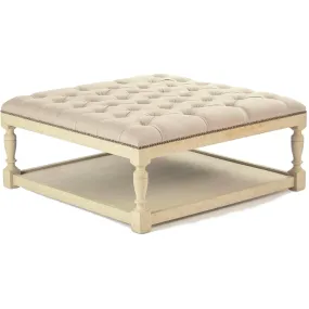 Distressed Off White Square Tufted Ottoman