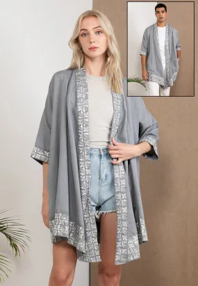 Embroidered Linen Kimono Grey