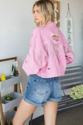 Fringe Distressed Button Up Denim Jacket in Pink