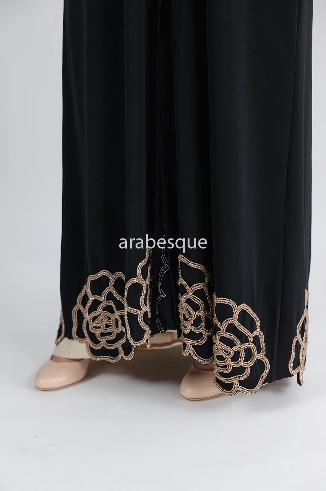 Luxury Embellished Black Open Abaya with Golden Beads