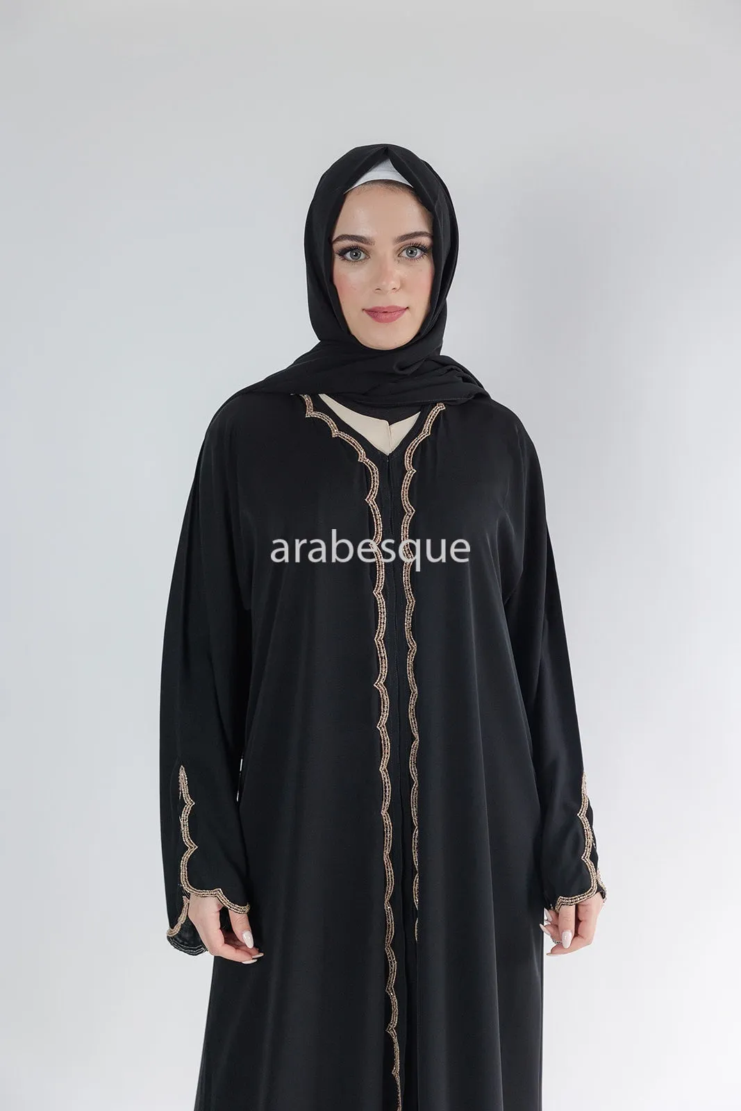 Luxury Embellished Black Open Abaya with Golden Beads