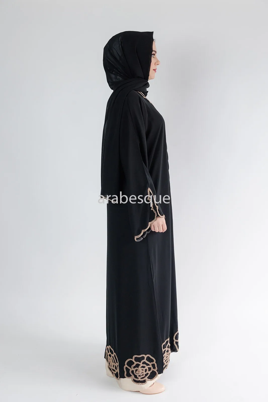 Luxury Embellished Black Open Abaya with Golden Beads