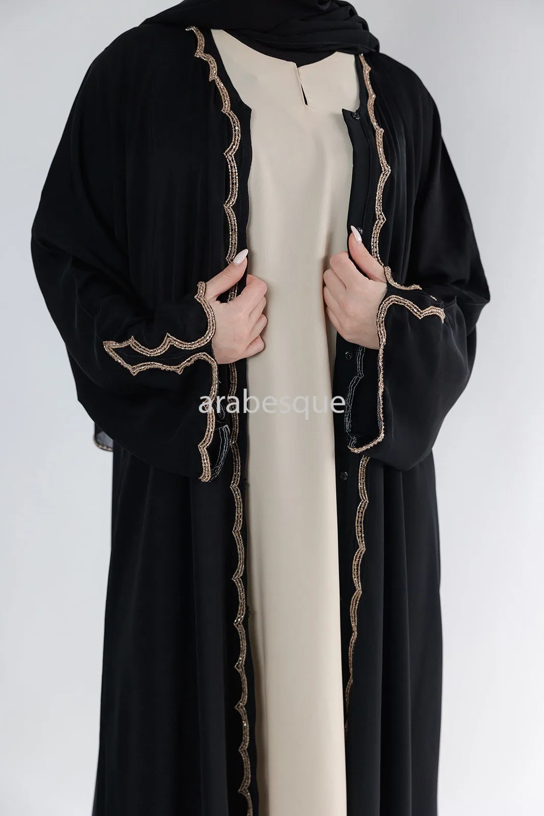 Luxury Embellished Black Open Abaya with Golden Beads