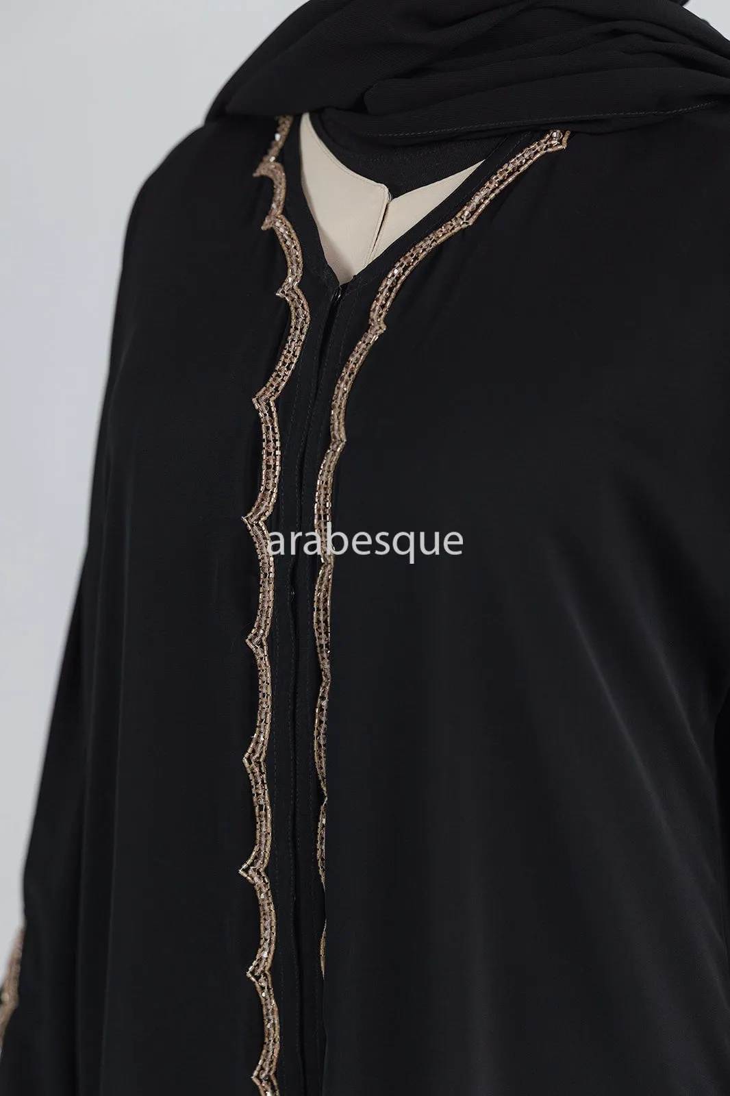 Luxury Embellished Black Open Abaya with Golden Beads