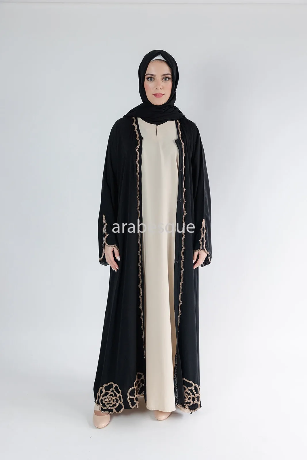 Luxury Embellished Black Open Abaya with Golden Beads