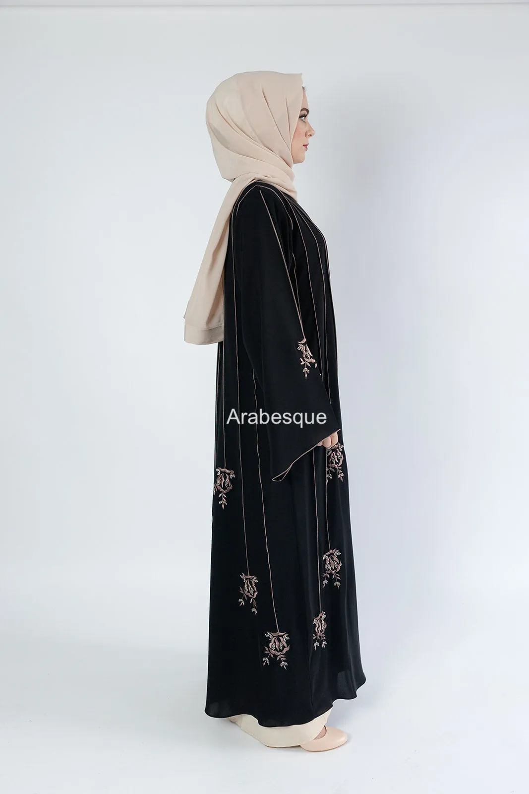 Luxury Striped Embroidery  Open Abaya with Floral Beads