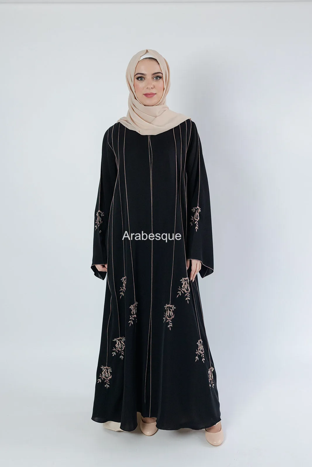 Luxury Striped Embroidery  Open Abaya with Floral Beads