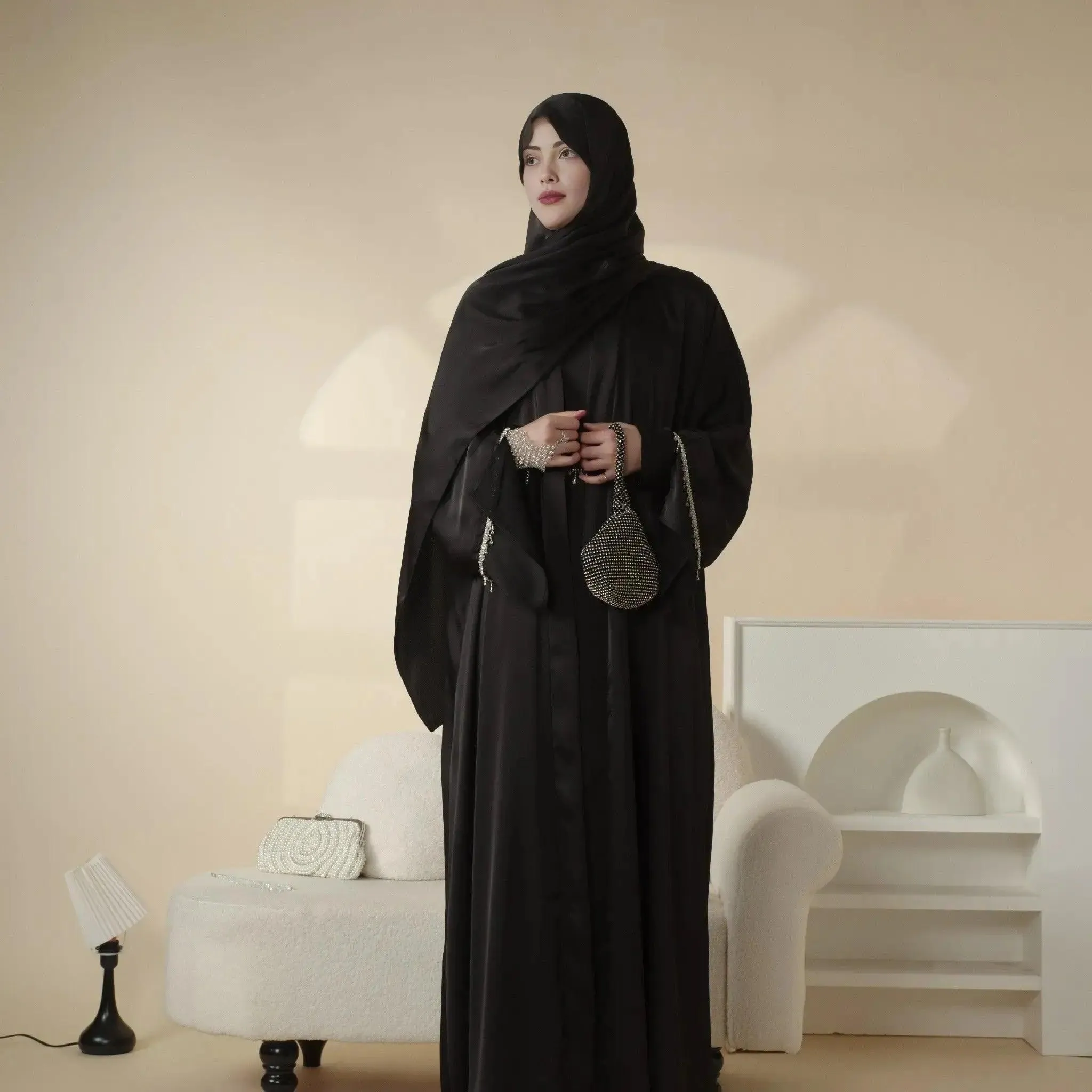 MOA041 Luxury Satin Diamond Tassel Abaya Set 6-Piece