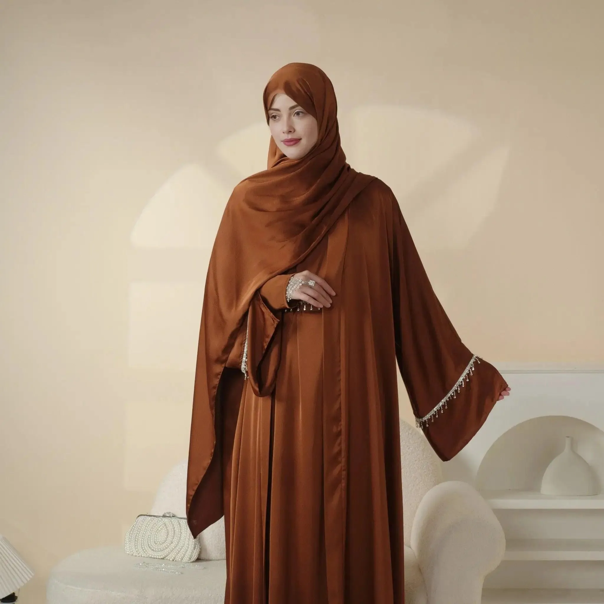 MOA041 Luxury Satin Diamond Tassel Abaya Set 6-Piece