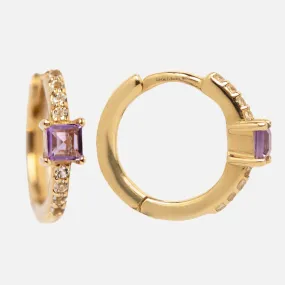 Solid Gold Elegant Amethyst Pave Huggie Hoops